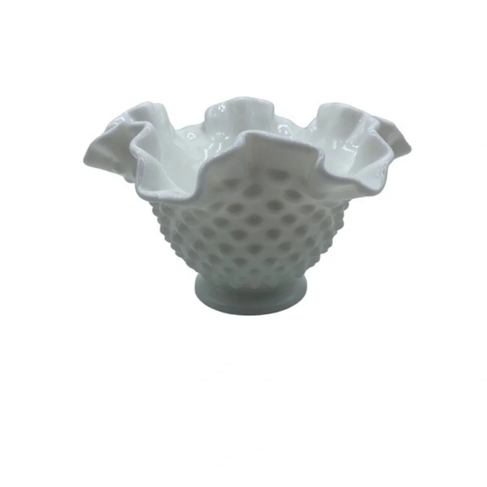Vintage Fenton Milk Glass Hobnail Ruffled Bowl